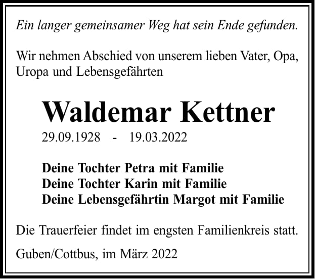 Traueranzeige Waldemar Kettner