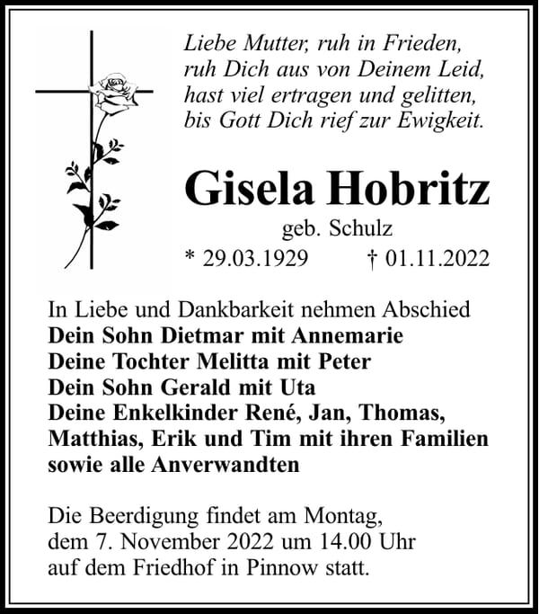 Traueranzeige Gisela Hobritz, geb. Schulz
