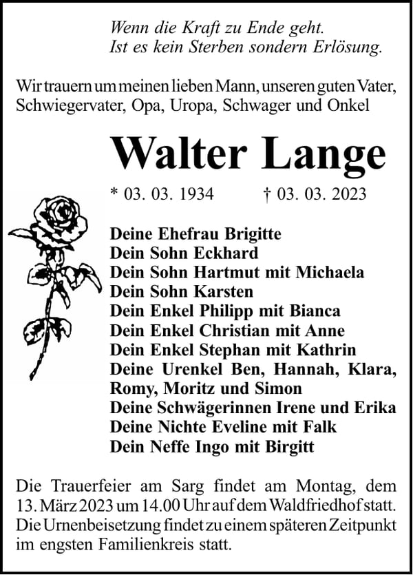 Traueranzeige Walter Lange