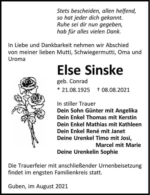 Traueranzeige Else Sinske, geb. Conrad