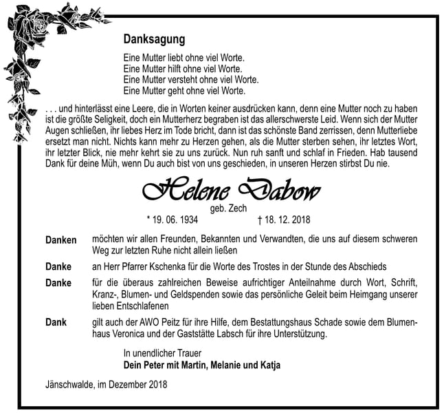 Traueranzeige Helene Dabow, geb. Zech