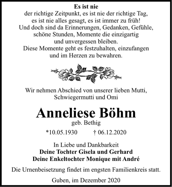 Traueranzeige Anneliese Böhm, geb. Bethig