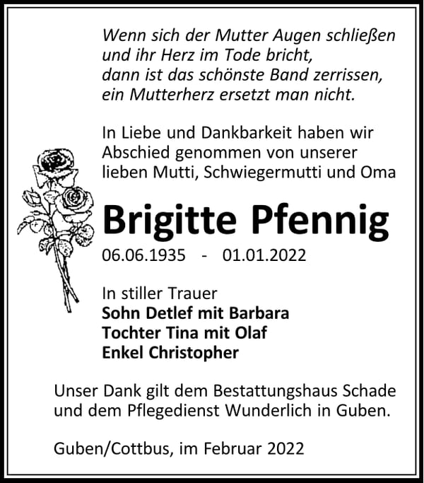 Traueranzeige Brigitte Pfennig