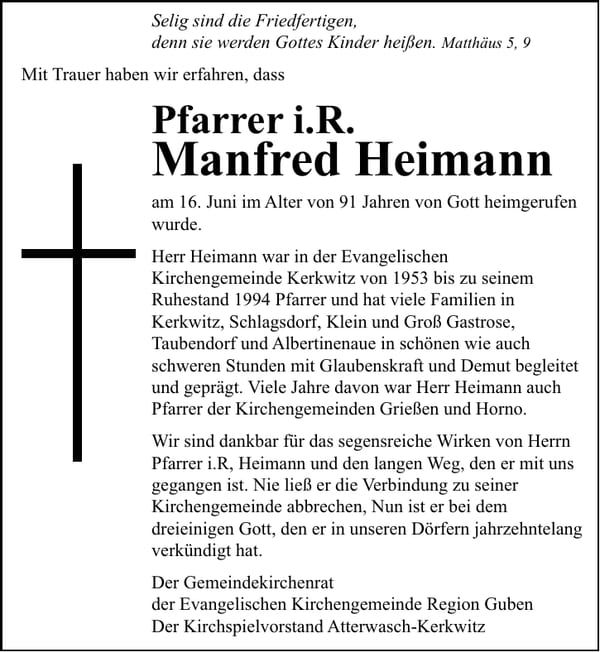 Traueranzeige Manfred Heimann