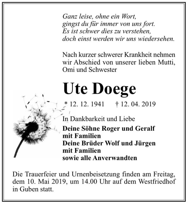 Traueranzeige Ute Doege