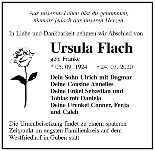 Traueranzeige Ursula Flach, geb. Franke