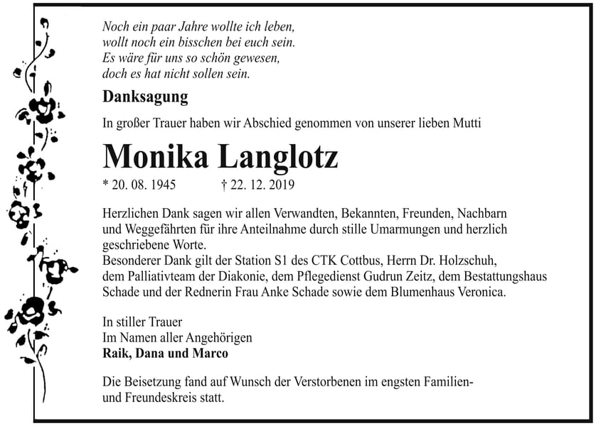 Traueranzeige Monika Langlotz