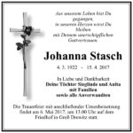 Traueranzeige Johanna Stasch