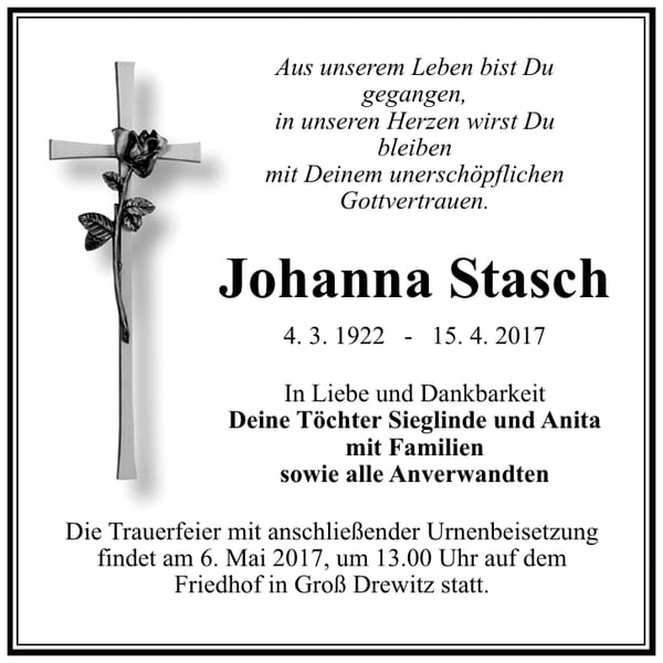 Traueranzeige Johanna Stasch