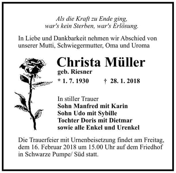 Traueranzeige Christa Müller, geb. Riesner