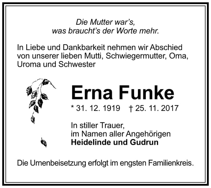 Traueranzeige Erna Funke