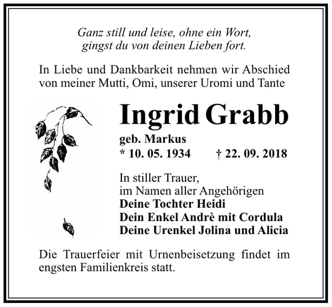 Traueranzeige Ingrid Grabb, geb. Markus