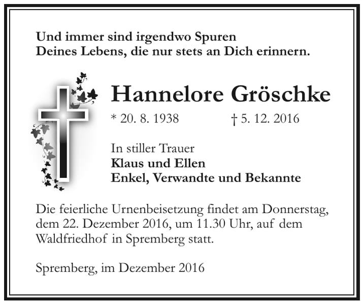 Traueranzeige Hannelore Gröschke