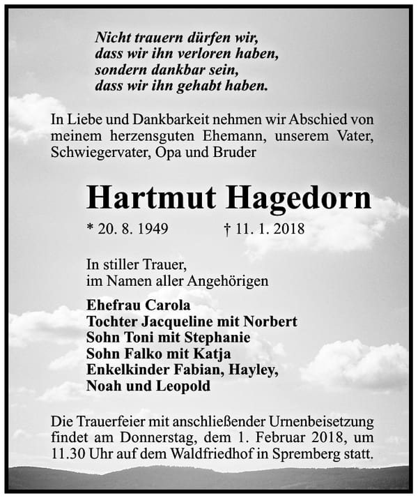 Traueranzeige Hartmut Hagedorn