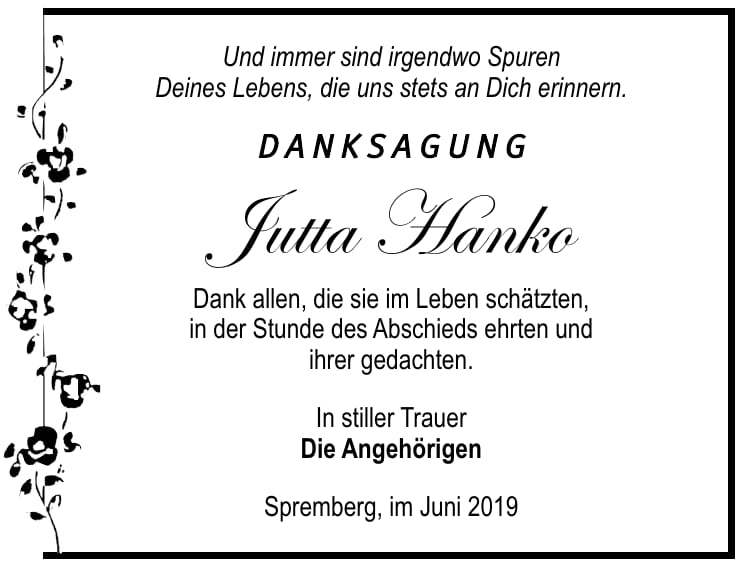 Traueranzeige Jutta Hanko