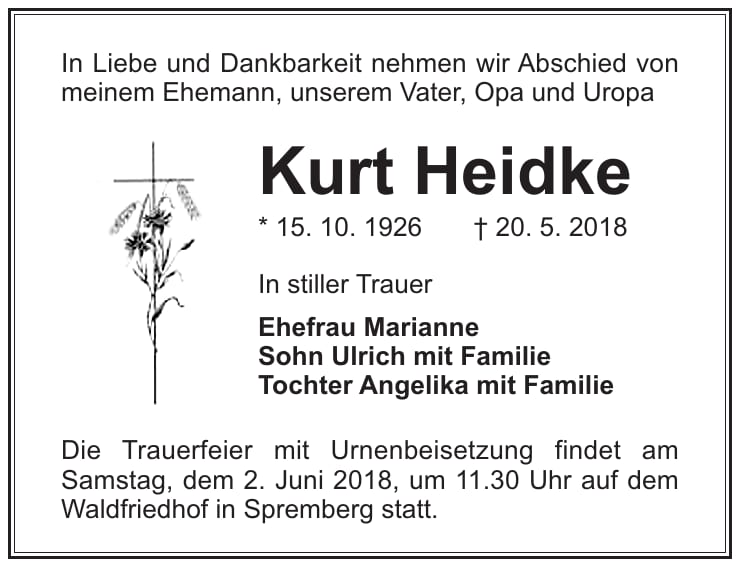 Traueranzeige Kurt Heidke