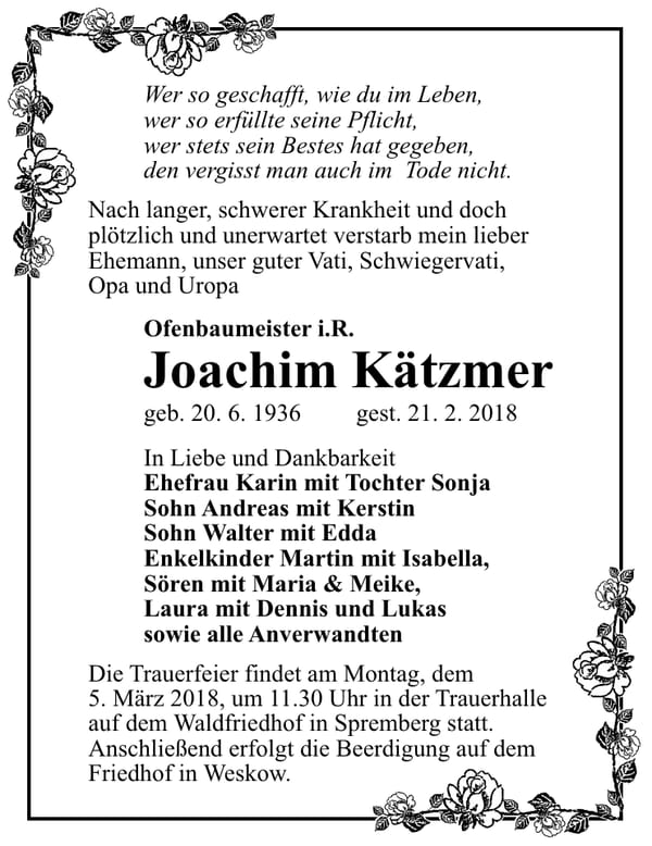 Traueranzeige Joachim Kätzmer