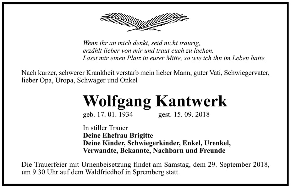 Traueranzeige Wolfgang Kantwerk