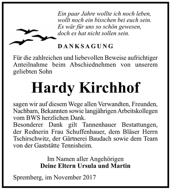 Danksagung Hardy Kirchhof