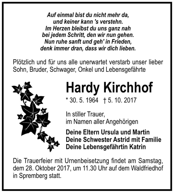 Traueranzeige Hardy Kirchhof