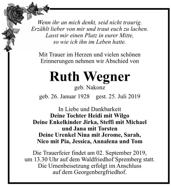 Traueranzeige Ruth Wegner, geb. Nakonz
