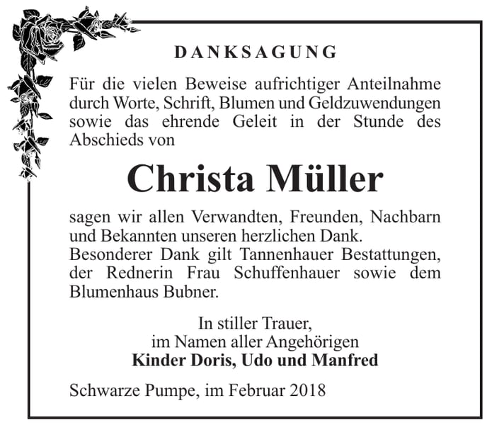 Danksagung Christa Müller