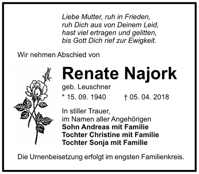 Traueranzeige Renate Najork geb. Leuschner
