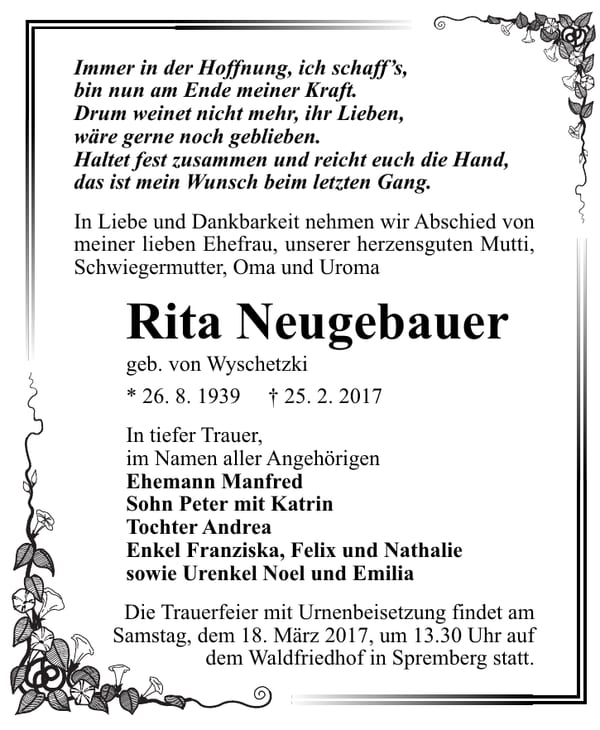 Traueranzeige Rita Neugebauer