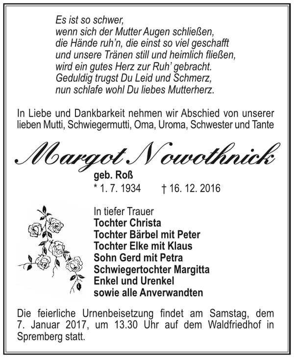 Traueranzeige Margot Nowothnick, geb. Roß
