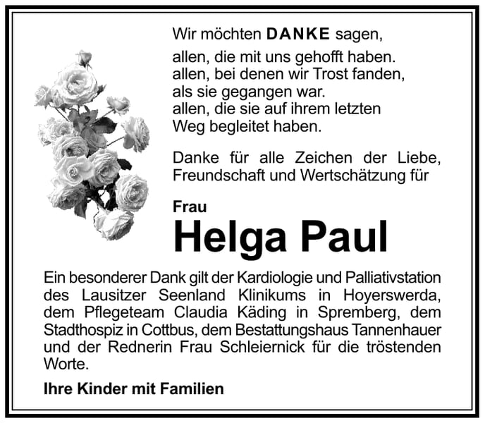 Traueranzeige Helga Paul