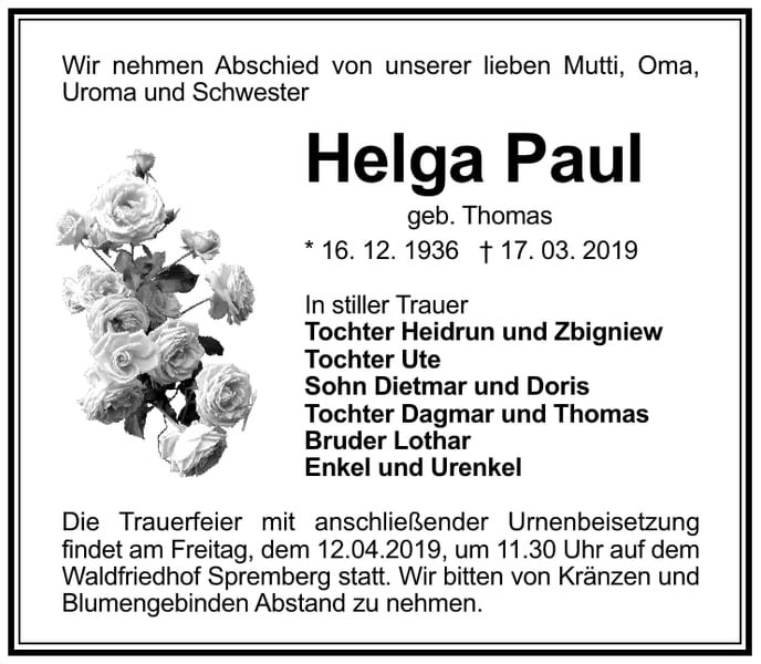 Traueranzeige Helga Paul, geb. Thomas