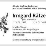 Traueranzeige Irmgard Rätzel, geb. Hanschke