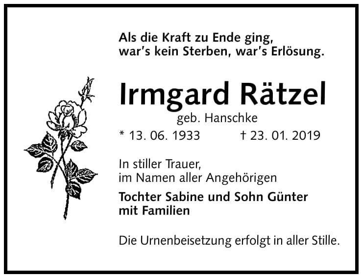 Traueranzeige Irmgard Rätzel, geb. Hanschke