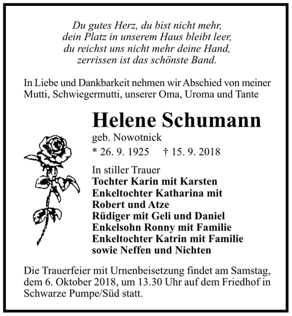Traueranzeige Helene Schumann, geb. Nowotnick
