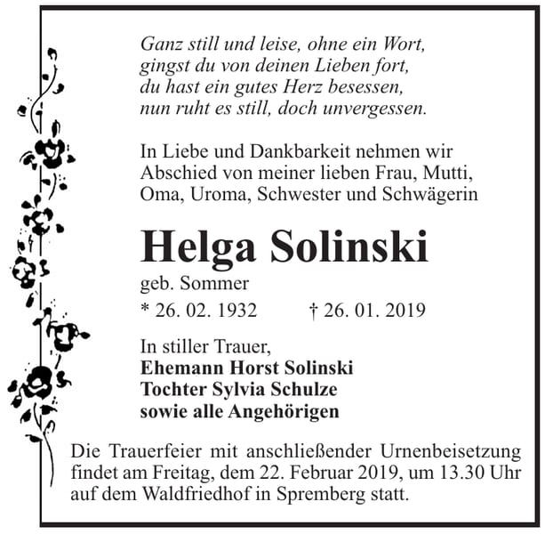 Traueranzeige Helga Solinski, geb. Sommer