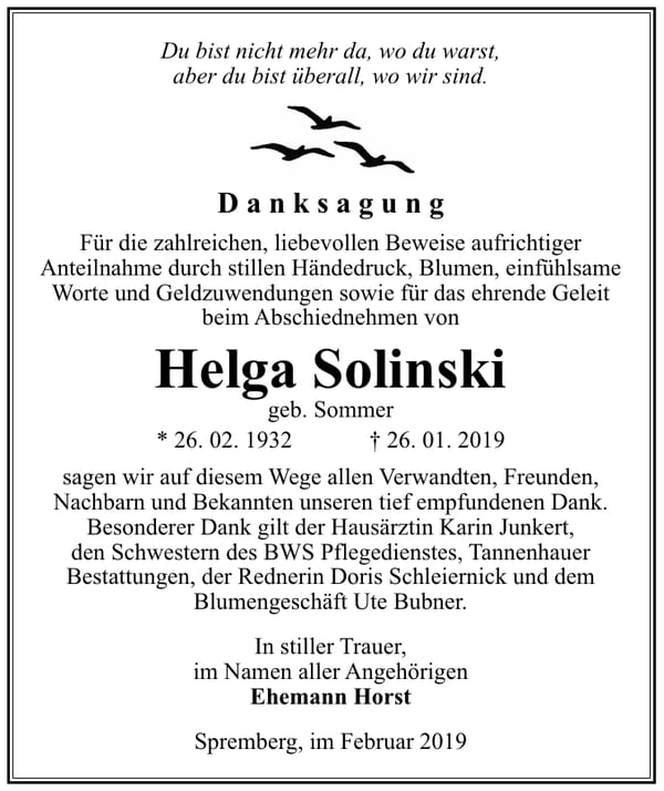 Traueranzeige Helga Solinski, geb. Sommer