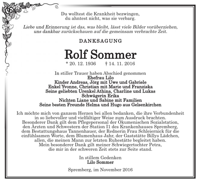Danksagung Rolf Sommer
