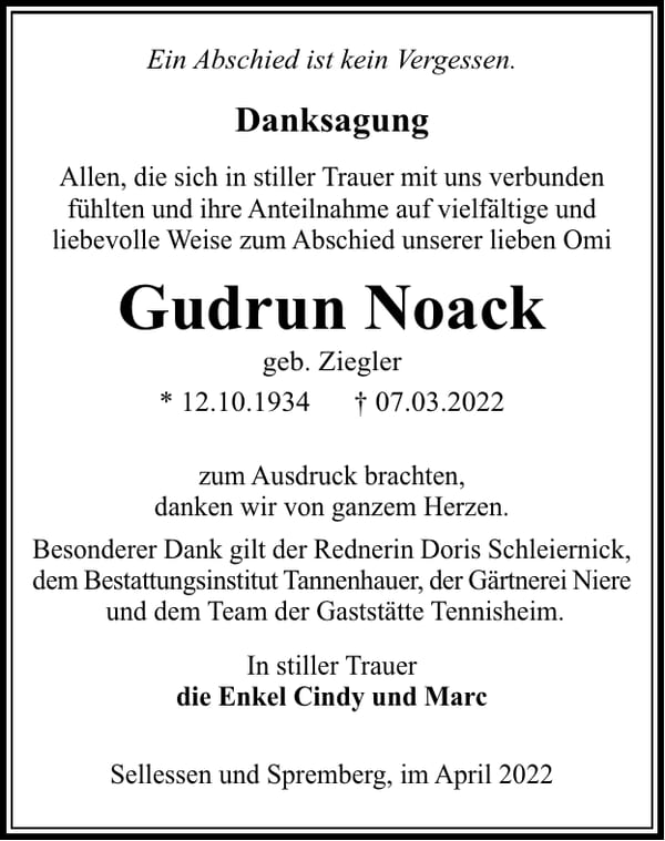 Danksagung Gudrun Noack, geb. Ziegler