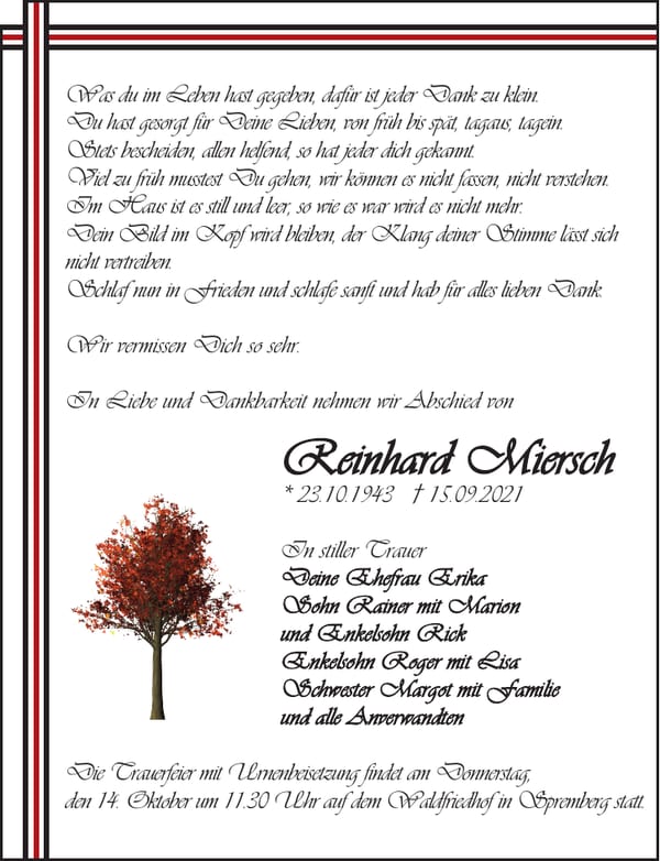 Traueranzeige Reinhard Miersch