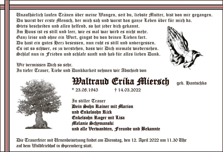 Traueranzeige Waltraud Erika Miersch, geb. Hantschko