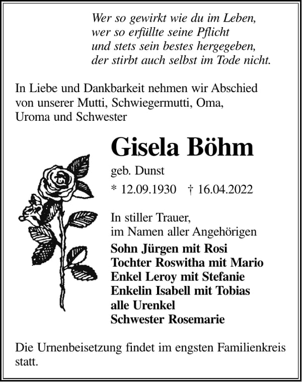 Traueranzeige Gisela Böhm, geb. Dunst