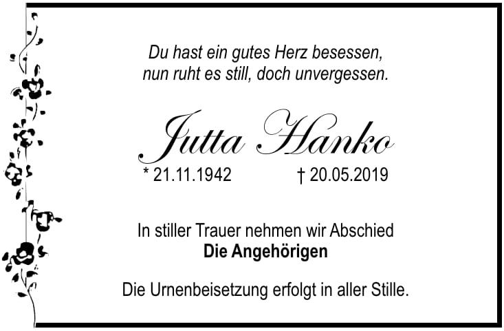 Traueranzeige Jutta Hanko