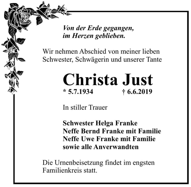 Traueranzeige Christa Just