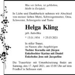 Traueranzeige Helga Kling, geb. Jurischka