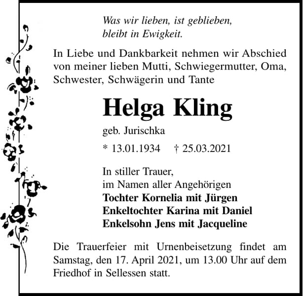 Traueranzeige Helga Kling, geb. Jurischka