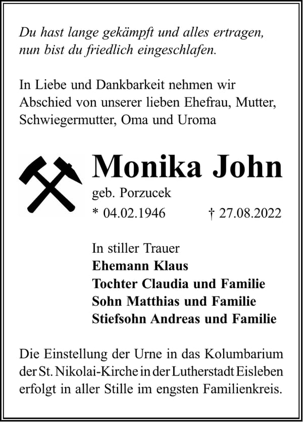 Traueranzeige Monika John, geb. Porzucek