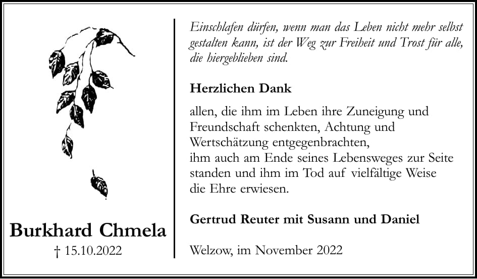 Danksagung Burkhard Chmela