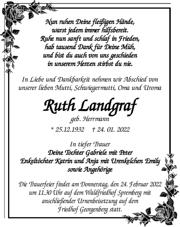 Traueranzeige Ruth Landgraf, geb. Herrmann