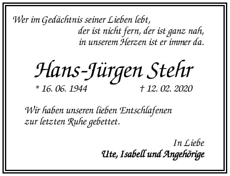 Traueranzeige Hans-Jürgen Stehr