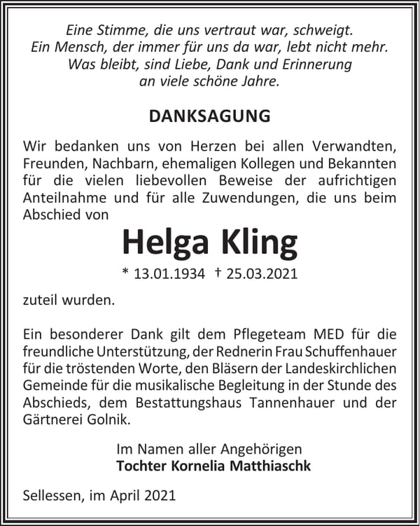 Danksagung Helga Kling